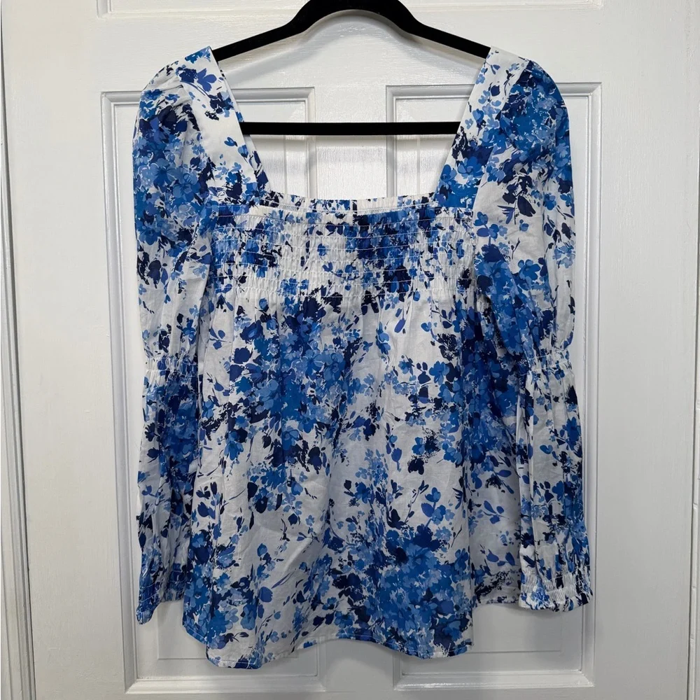 Tuckernuck Blue and White Floral Smocked Square-Neck Blouse